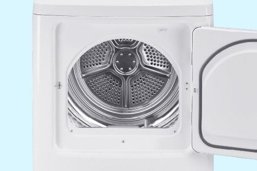 Interior view of Midea front load dryer with door open, showing large stainless steel drum with moisture sensor dots and smooth tumbling design.