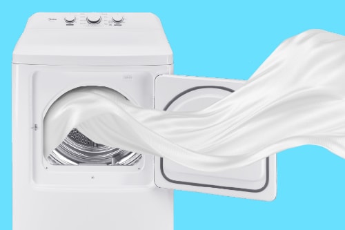 Midea front load dryer with door open and white fabric flowing out, demonstrating large 7.0 cu. ft. capacity and wide door opening for easy loading.