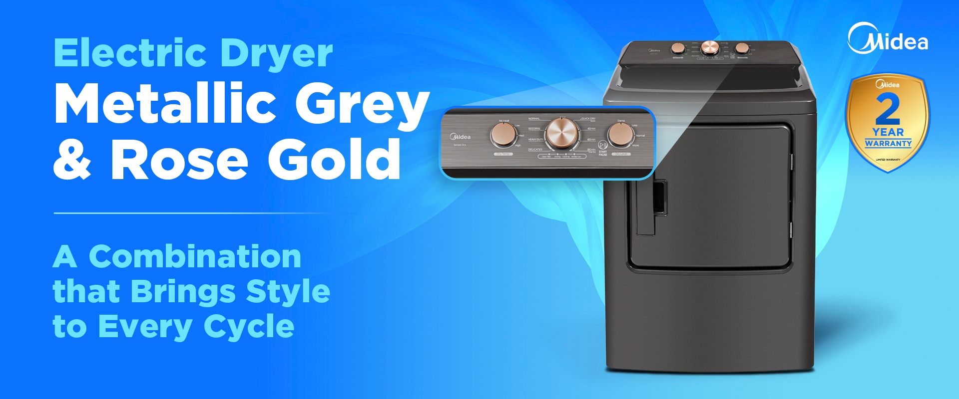 Midea electric dryer in metallic grey with rose gold accents and top-mounted controls. Features 2-year warranty badge and stylish modern design.
