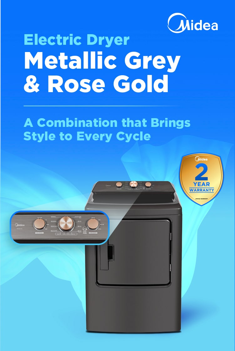 Midea electric dryer in metallic grey with rose gold accents and top-mounted controls. Features 2-year warranty badge and stylish modern design.