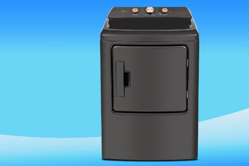 Front view of Midea electric dryer in metallic grey with rose gold control knobs, featuring large door opening and sleek modern design.