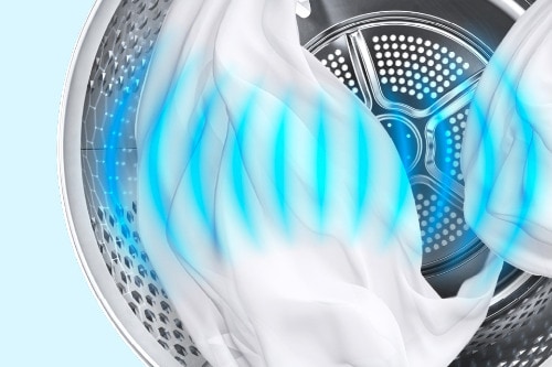 Close-up illustration of dryer drum interior with white fabric and blue airflow waves, demonstrating efficient air circulation and moisture sensor technology for even drying.