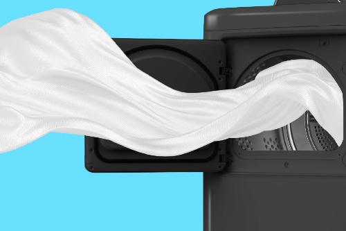 Metallic grey dryer with door open and white fabric flowing out, showcasing large drum capacity and wide opening for easy loading and unloading.