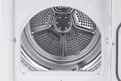 Interior view of Midea dryer drum showing stainless steel construction with perforated moisture sensor dots and raised tumbling pattern for efficient fabric care.