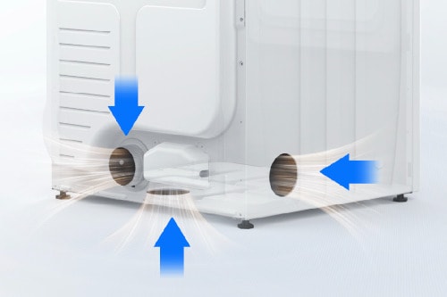 Bottom view of dryer showing ventilation system with blue arrows indicating airflow direction through rear and side vents, plus adjustable leveling feet.