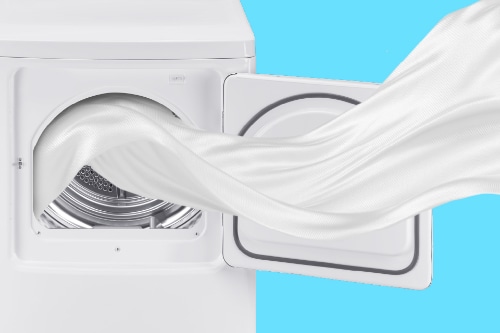 Midea electric dryer with door open and white fabric flowing out, demonstrating spacious 7.0 cu. ft. capacity and wide opening for easy loading and unloading.