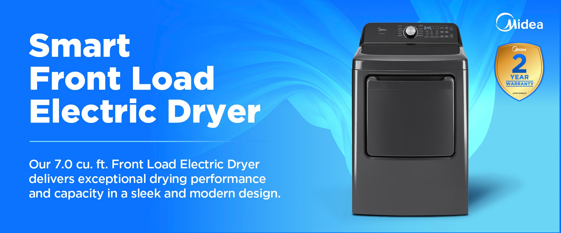 Midea 7.0 cu. ft. smart front load electric dryer in metallic grey with digital controls and 2-year warranty badge, featuring modern sleek design.