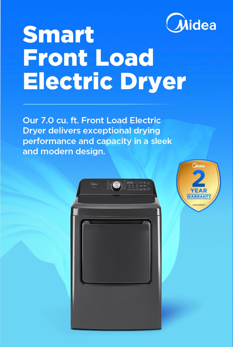 Midea 7.0 cu. ft. smart front load electric dryer in metallic grey with digital controls and 2-year warranty badge, featuring modern sleek design.