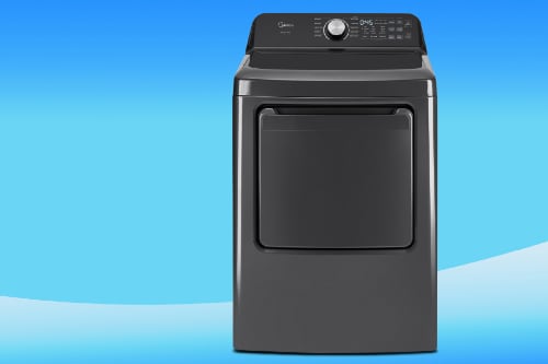 Front view of Midea 7.0 cu. ft. electric dryer in metallic grey with top-mounted digital control panel and large capacity door opening.
