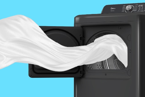 Midea electric dryer with door open and white fabric flowing out, demonstrating spacious 7.0 cu. ft. capacity and wide opening for easy loading and unloading.