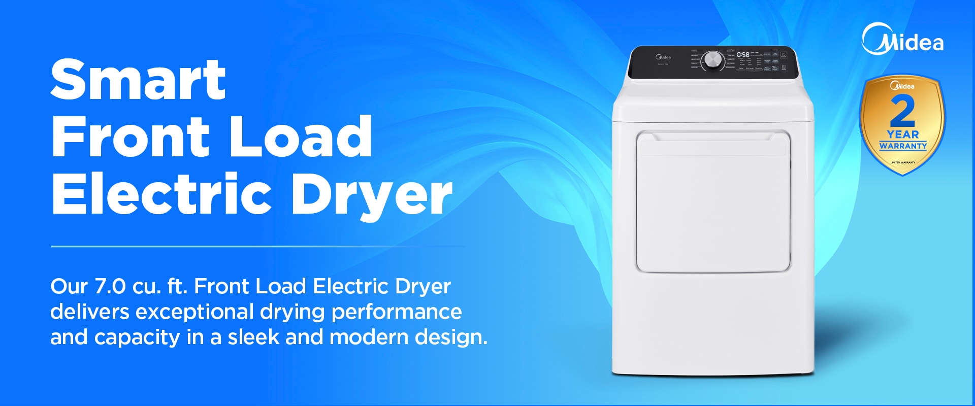 Midea 7.0 cu. ft. smart front load electric dryer in white with digital control panel and 2-year warranty badge, featuring modern sleek design.