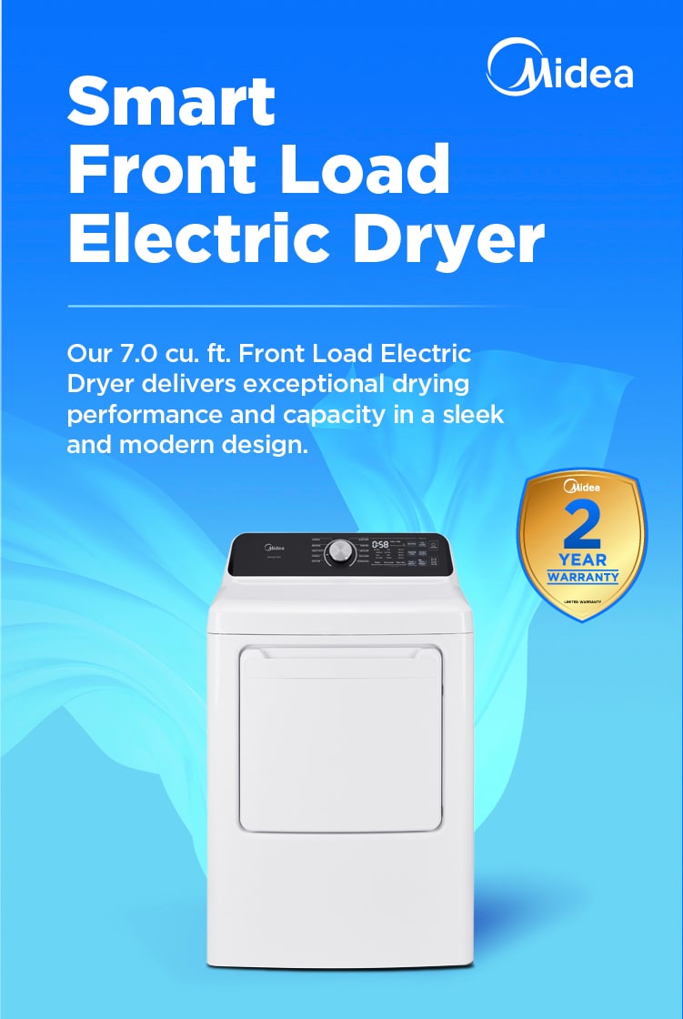 Midea 7.0 cu. ft. smart front load electric dryer in white with digital control panel and 2-year warranty badge, featuring modern sleek design.