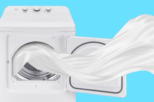 Midea electric dryer with door open and white fabric flowing out, demonstrating spacious 7.0 cu. ft. capacity and wide opening for easy loading and unloading.