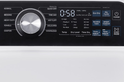 Close-up of dryer digital control panel showing cycle dial, LED display, and buttons for settings including Quick Dry, Time Dry, Air Fluff, Wrinkle Care, and Smart options.