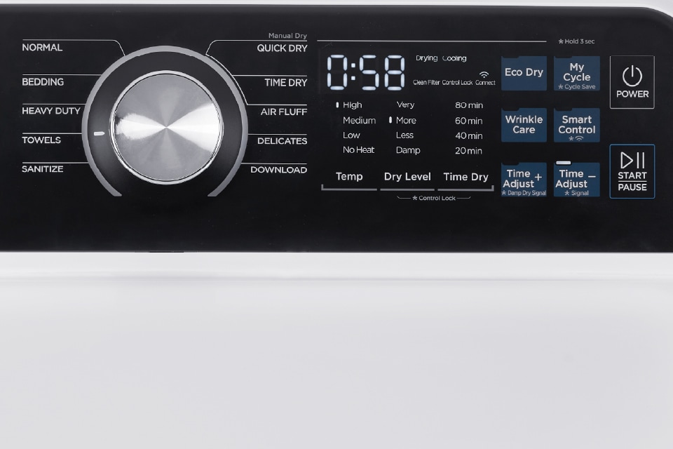 Close-up of smart dryer digital control panel with cycle dial, LED display, and buttons for settings including Quick Dry, Time Dry, Eco Dry, My Cycle, Wrinkle Care, and Smart Control.