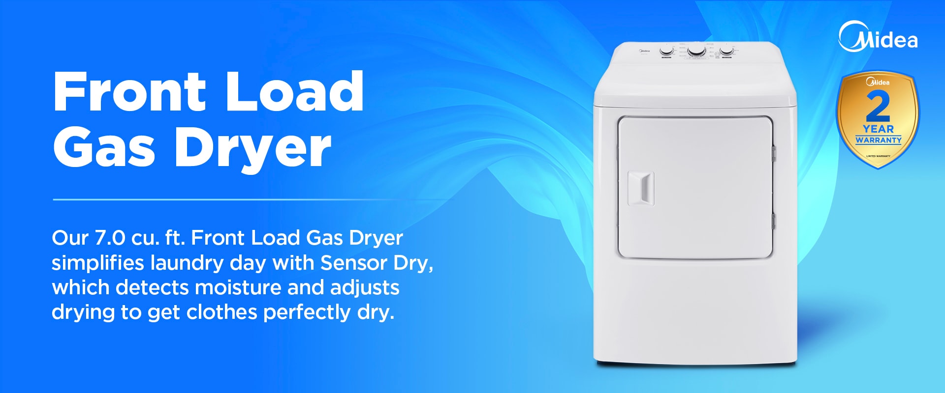 Midea 7.0 cu. ft. Front Load Gas Dryer model MLTG39N1AWW shown on a blue background with text highlighting Sensor Dry technology, which detects moisture and adjusts drying, plus a 2-year warranty badge on the right.
