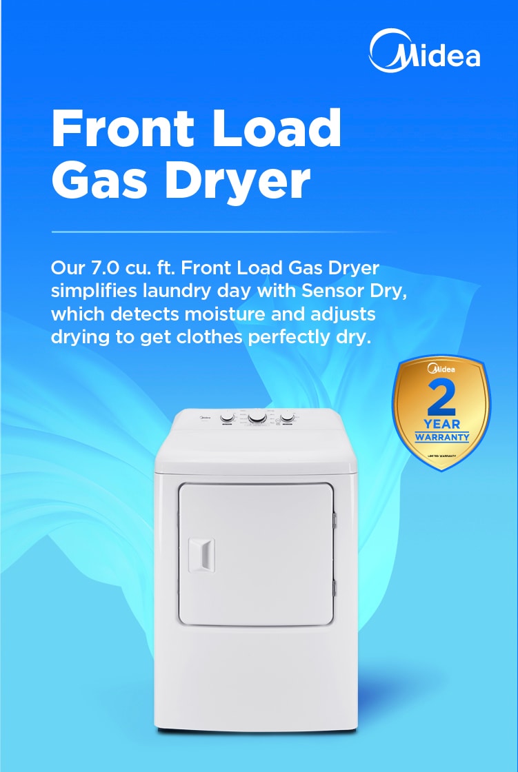 Midea 7.0 cu. ft. Front Load Gas Dryer model MLTG39N1AWW shown on a blue background with text highlighting Sensor Dry technology, which detects moisture and adjusts drying, plus a 2-year warranty badge on the right.