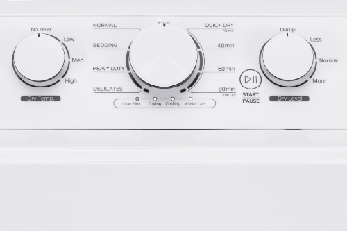 Close-up view of the Midea Front Load Gas Dryer model MLTG39N1AWW control panel showing temperature, cycle, and dryness level knobs with options like Normal, Bedding, Heavy Duty, and Quick Dry.