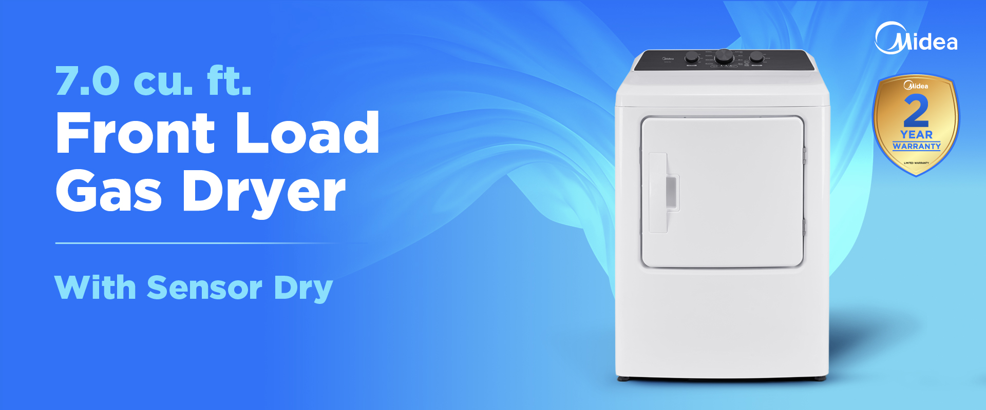 Midea white front-load gas dryer on blue gradient background with text highlighting 7.0 cubic feet capacity and Sensor Dry feature, with 2-year warranty badge.