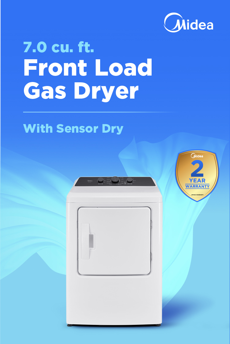 Midea white front-load gas dryer on blue gradient background with text highlighting 7.0 cubic feet capacity and Sensor Dry feature, with 2-year warranty badge.