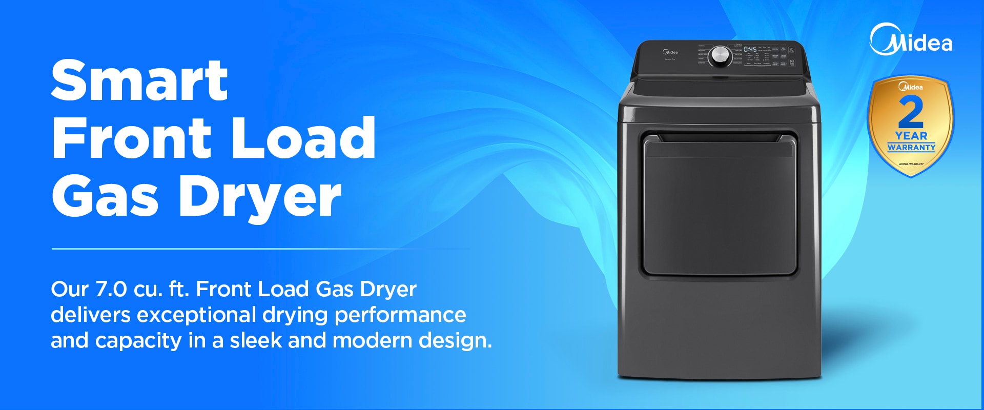 Midea 7.0 cu. ft. smart gas dryer model MLTG45N4BMG in metallic gray finish with top-mounted control panel, shown against blue gradient background with text highlighting exceptional drying performance and capacity, includes 2-year warranty badge.
