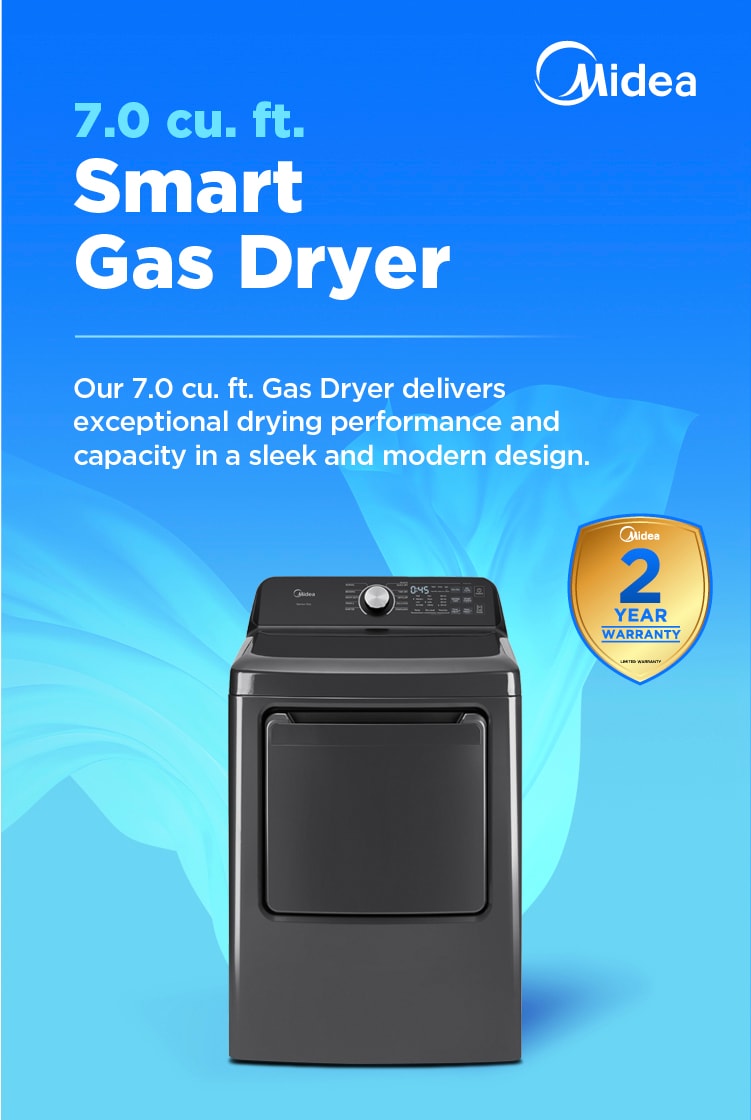 Midea 7.0 cu. ft. smart gas dryer model MLTG45N4BMG in metallic gray finish with top-mounted control panel, shown against blue gradient background with text highlighting exceptional drying performance and capacity, includes 2-year warranty badge.