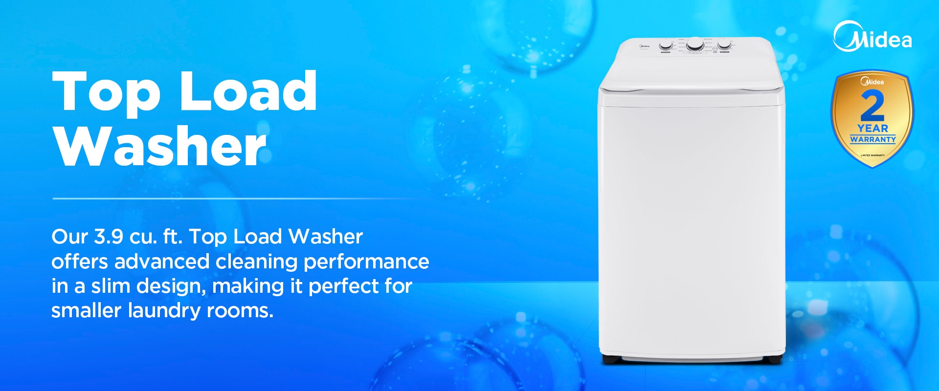 Midea 3.9 cu. ft. top load washer in white with top-mounted controls and 2-year warranty badge, featuring compact design for smaller laundry spaces.