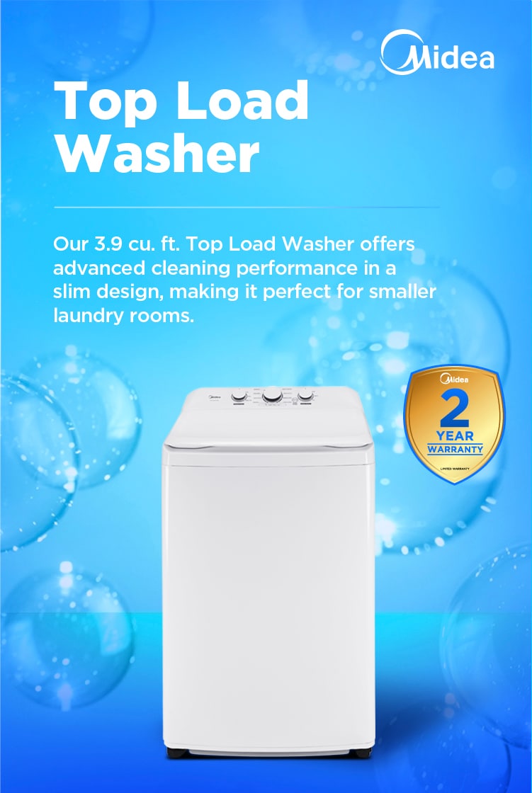 Midea 3.9 cu. ft. top load washer in white with top-mounted controls and 2-year warranty badge, featuring compact design for smaller laundry spaces.