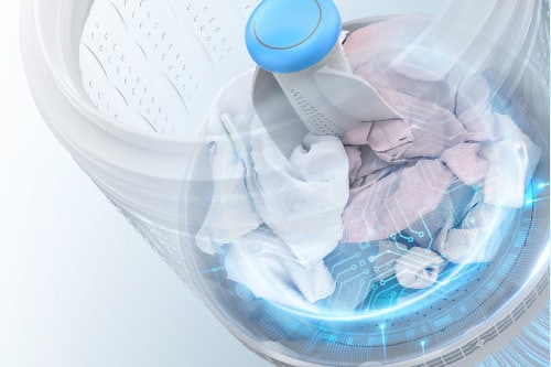 Interior view of washer tub with mixed laundry load and blue lint filter visible, showing washing capacity and filtration system for cleaner clothes.