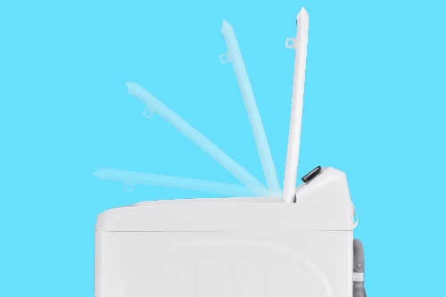 Top view of washer showing single central water inlet with radiating water streams, demonstrating efficient water distribution system for uniform washing.