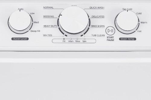 Close-up of washer control panel showing three rotary dials for Water Level, cycle selection (Normal, Bedding, Heavy Duty, Whites, Quick Wash, Delicates, Rinse & Spin, Tub Clean), and Wash Temp.