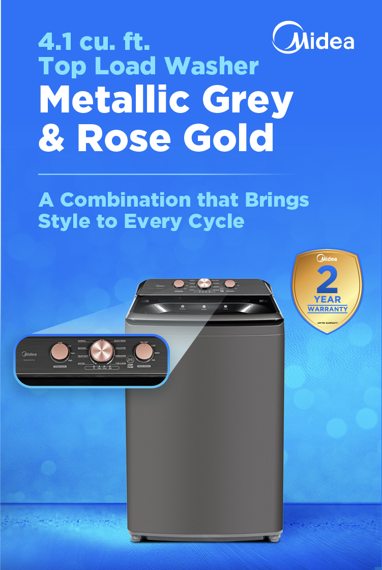 Midea 4.1 cu. ft. top load washer in metallic grey with rose gold control knobs and 2-year warranty badge, featuring modern stylish design.