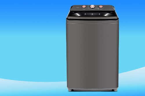 Front view of Midea 4.1 cu. ft. top load washer in metallic grey finish with rose gold control knobs and modern streamlined design.