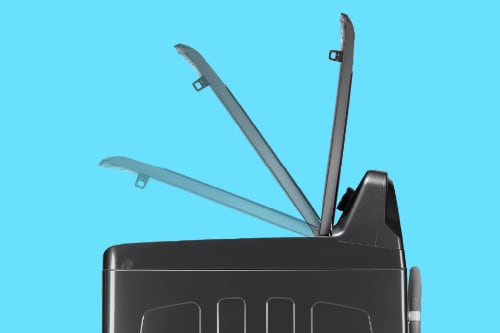 Close-up of washer lid with three extended soft-close hinges shown in different positions, demonstrating smooth-closing mechanism and durable construction.