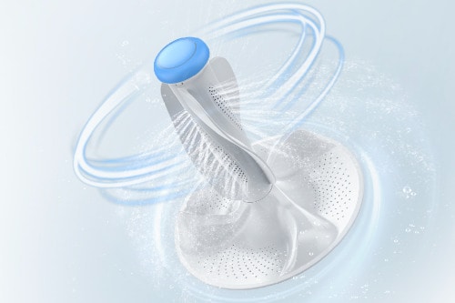 Illustration of washer pulsator with blue cap and water flow arrows, showing cleaning action and agitation pattern for thorough fabric washing performance.