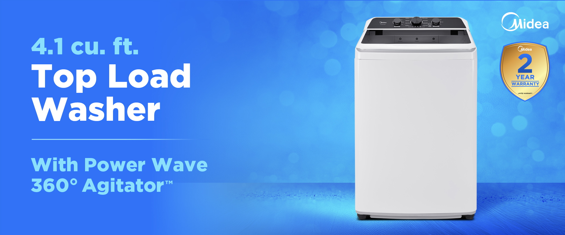 Midea 4.1 cubic foot top load washing machine in white with black control panel and 2-year warranty badge, featuring Power Wave 360-degree Agitator technology