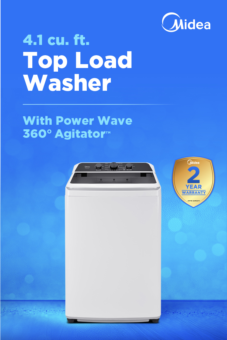 Midea 4.1 cubic foot top load washing machine in white with black control panel and 2-year warranty badge, featuring Power Wave 360-degree Agitator technology