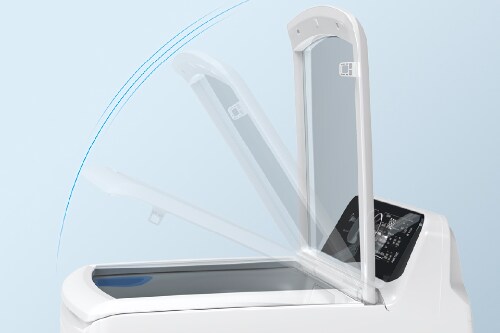 Midea top load washer with soft-close glass lid opened, showing transparent design and white frame with modern curved handle