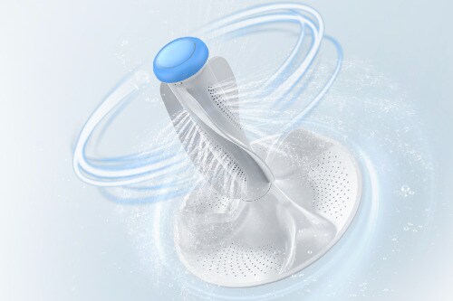 Diagram of Midea Power Wave 360-degree agitator showing water circulation pattern with blue motion lines illustrating thorough washing action throughout the basin