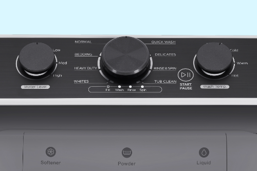 Close-up of Midea washer control panel with three black dial knobs for wash cycle selection, water level, and spin speed, plus dispensers for softener, powder, and liquid detergent