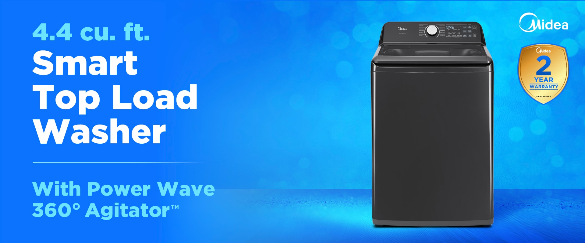 Midea 4.4 cubic foot smart top load washer in metallic gray with digital control panel and 2-year warranty badge, featuring Power Wave 360-degree Agitator technology