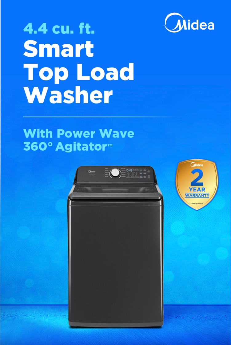 Midea 4.4 cubic foot smart top load washer in metallic gray with digital control panel and 2-year warranty badge, featuring Power Wave 360-degree Agitator technology