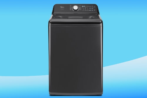 Midea smart top load washer in metallic gray finish with digital control panel and dial knob, shown against blue gradient background.