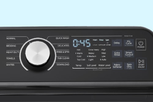 Midea smart washer digital control panel with LED display showing 1:45, featuring large dial knob and multiple cycle selection buttons including quick wash and smart control options