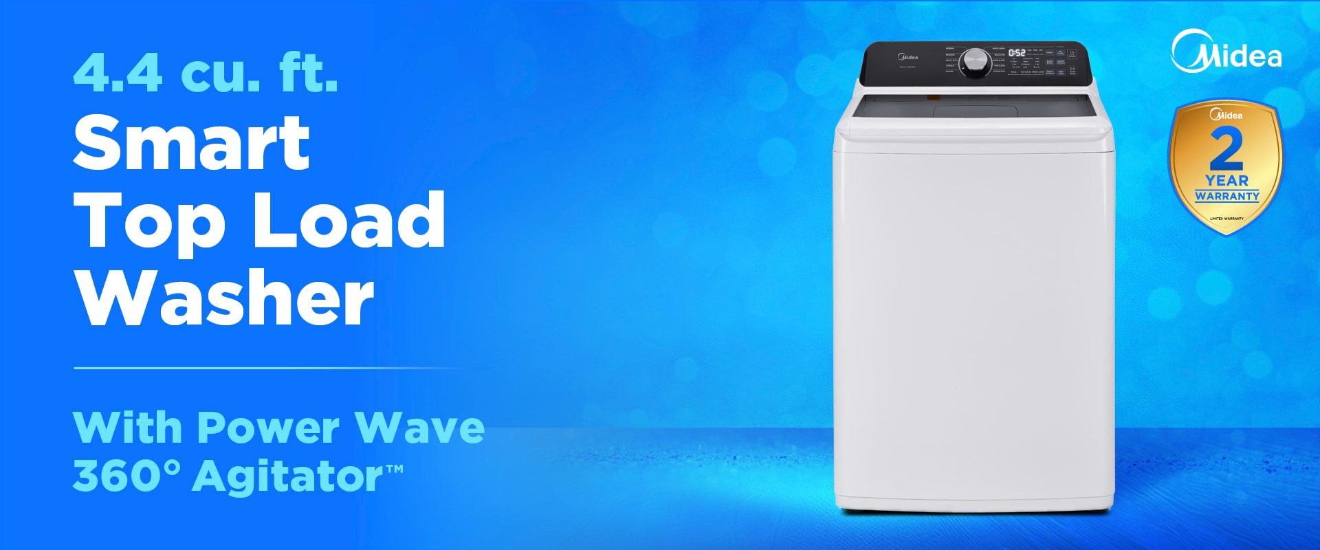 Midea 4.4 cubic foot smart top load washer in white with digital control panel and 2-year warranty badge, featuring Power Wave 360-degree Agitator technology