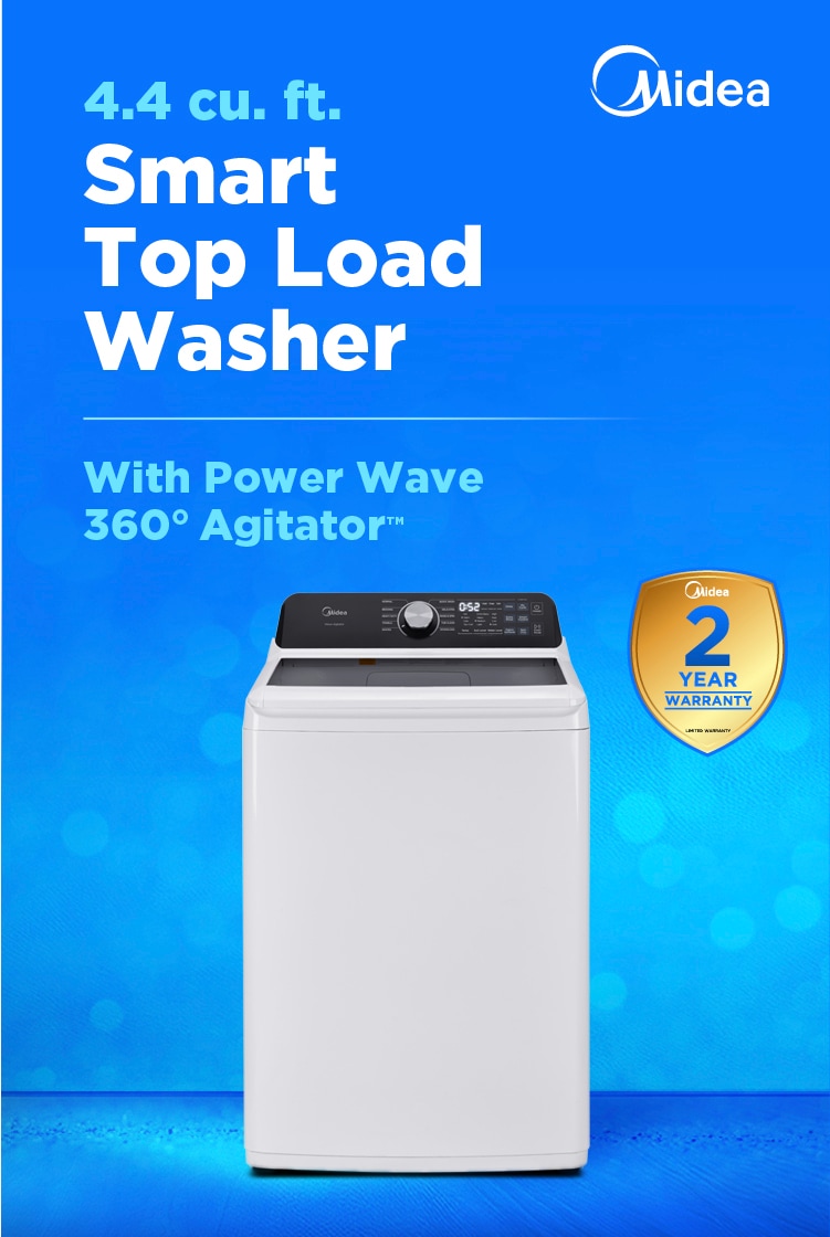Midea 4.1 cubic foot top load washing machine in white with black control panel and 2-year warranty badge, featuring Power Wave 360-degree Agitator technology
