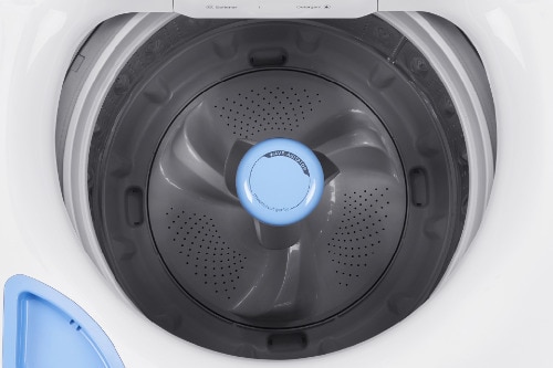 Top-down view of open Midea smart washer showing dark wash tub with center agitator, blue accent ring, and perforated basket design