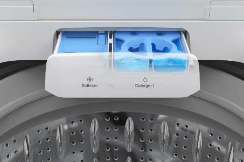 Top-down view of open Midea smart washer showing dark wash tub with center agitator, blue accent ring, and perforated basket design