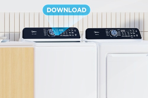 Close-up of two Midea smart washer control panels with digital displays and dial controls against white tile wall, with blue download button above