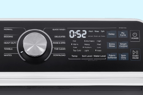 Close-up of Midea smart washer control panel with LED display showing 0:52, featuring metallic dial knob and buttons for wash cycles, delay, smart control, and fabric-only spin